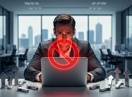 Business professional at desk looking at laptop with a translucent red prohibition symbol and scattered up-arrow icons, blurred office background, symbolizing the danger of buying social media upvotes.