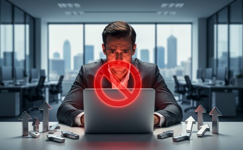 Business professional at desk looking at laptop with a translucent red prohibition symbol and scattered up-arrow icons, blurred office background, symbolizing the danger of buying social media upvotes.