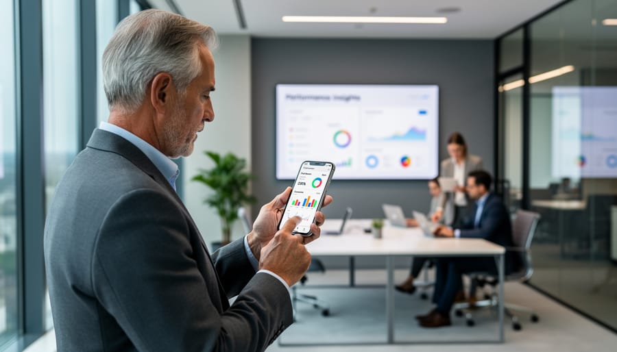 Business owner holding a smartphone in a modern office while looking toward the city lights.