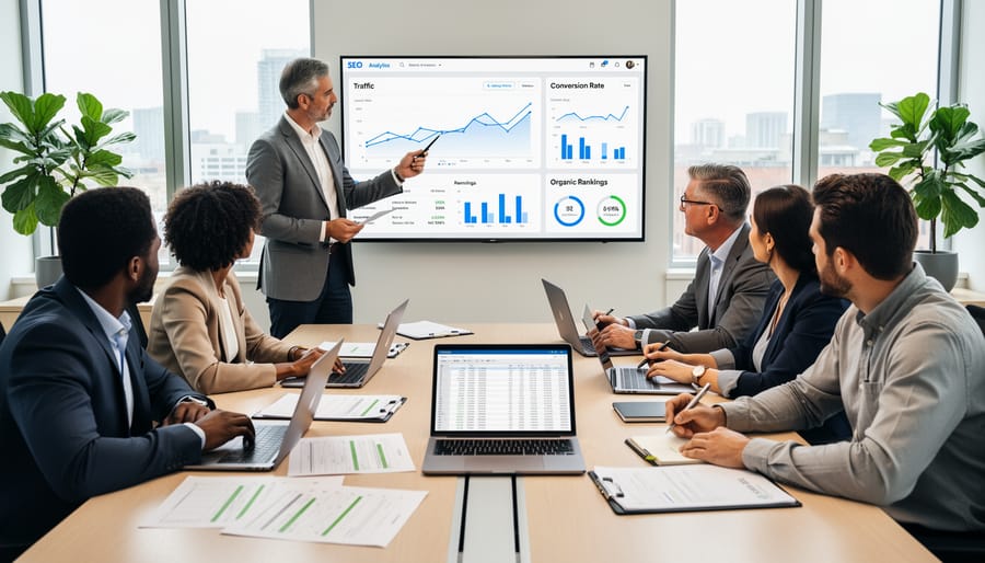 Business owner reviewing SEO marketing decisions with colleagues in a modern office while looking at a smartphone and laptop.