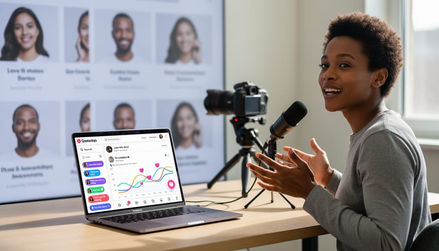 Creator livestreaming with a smartphone and gimbal in a bright studio setting
