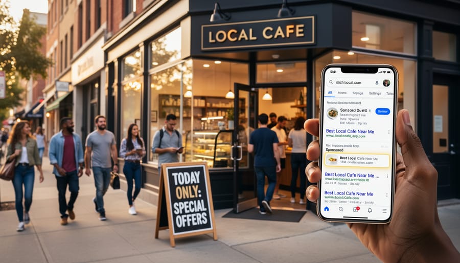 Local storefront owner holding a phone near the front door with warm sunlight and abstract customer interest glow