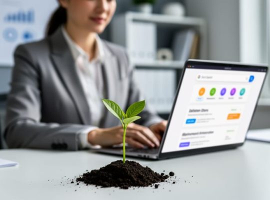 A business professional works at a desk with a laptop while a green sprout emerges from soil, representing sustainable organic search marketing growth.