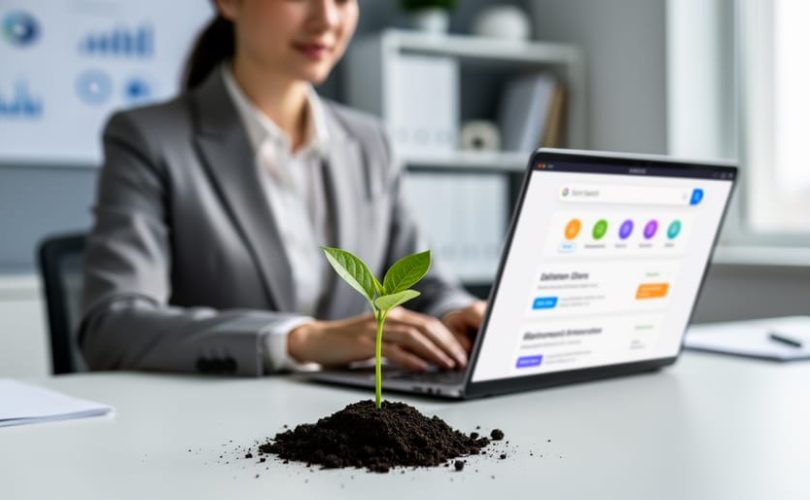 A business professional works at a desk with a laptop while a green sprout emerges from soil, representing sustainable organic search marketing growth.