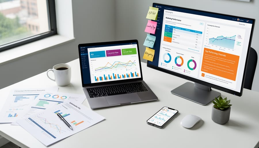 Overhead view of a marketing analyst’s desk with notebook and smartphone, with a laptop showing blurred, non-readable visuals.