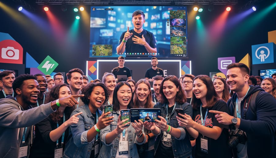 People at a community event exchanging gaming-themed items and interacting with a smartphone camera