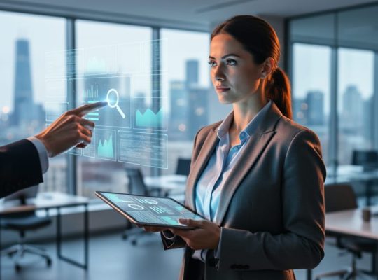 Business professional in a modern office reviewing an abstract SEO strategy on a tablet with a digital dashboard-like visualization, representing choosing the right search engine marketing company