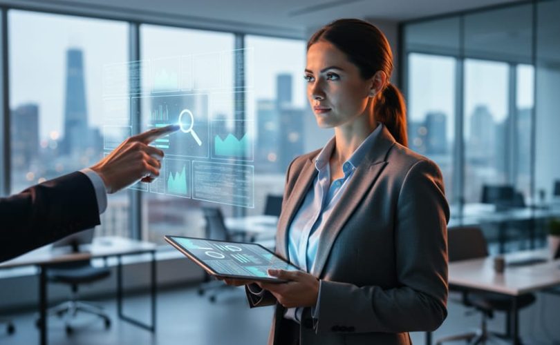 Business professional in a modern office reviewing an abstract SEO strategy on a tablet with a digital dashboard-like visualization, representing choosing the right search engine marketing company