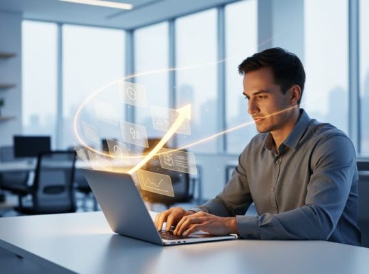 Business owner working on a laptop in an office with glowing search result tiles conceptually representing search engine marketing visibility.