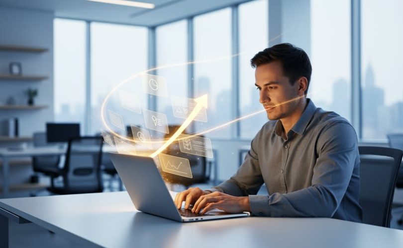 Business owner working on a laptop in an office with glowing search result tiles conceptually representing search engine marketing visibility.