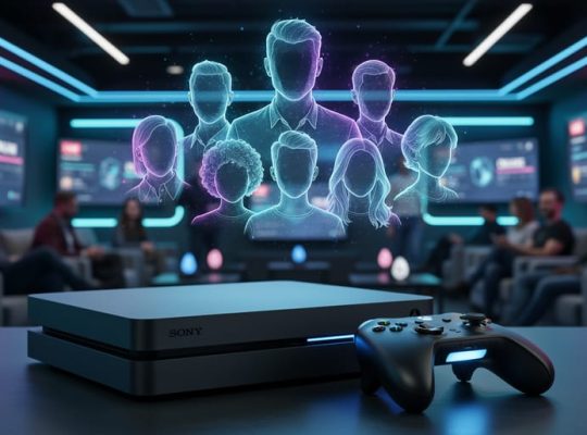 A glowing gaming controller in a modern gaming lounge with blurred community presence and faceless creator avatars projected in the background to represent influencer marketing.