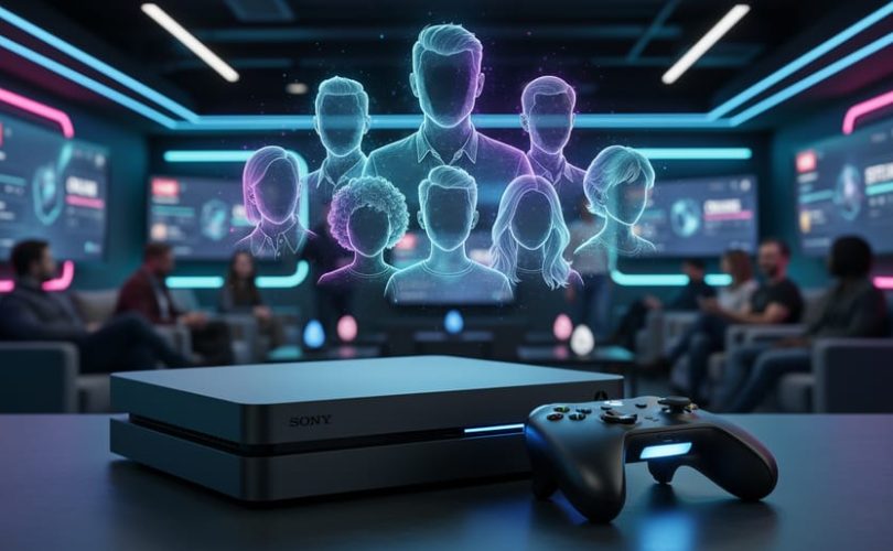 A glowing gaming controller in a modern gaming lounge with blurred community presence and faceless creator avatars projected in the background to represent influencer marketing.