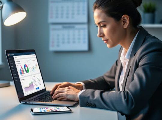 “Marketing professional reviewing analytics on a laptop with a smartphone showing social and email-style icons, illustrating blog promotion driving traffic and conversions.”