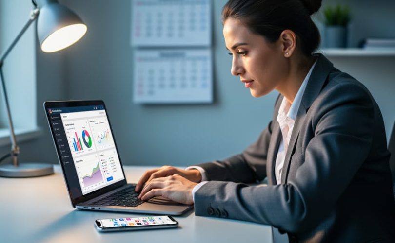 “Marketing professional reviewing analytics on a laptop with a smartphone showing social and email-style icons, illustrating blog promotion driving traffic and conversions.”