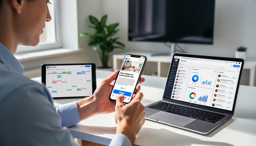 A hand holding a smartphone ready to share content for social media promotion