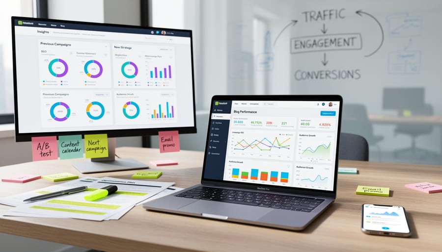 Hands reviewing analytics on a laptop screen representing measurement and optimization of blog promotions