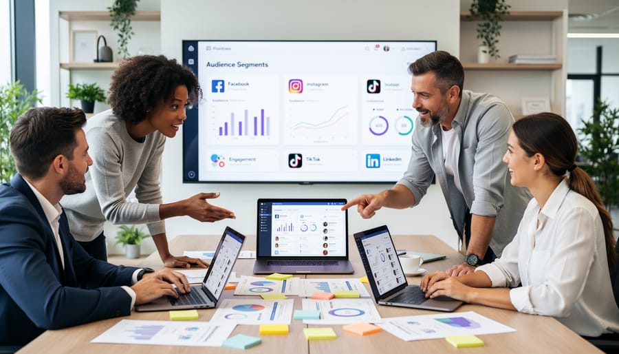 Business professionals collaborating around documents and a laptop to plan which audience platforms to target