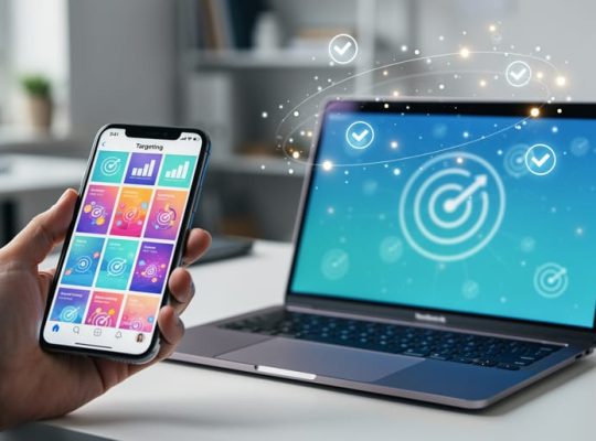 Smartphone and laptop in a modern workspace with colorful social ad tiles and subtle targeting light effects representing high-performing Facebook advertising.