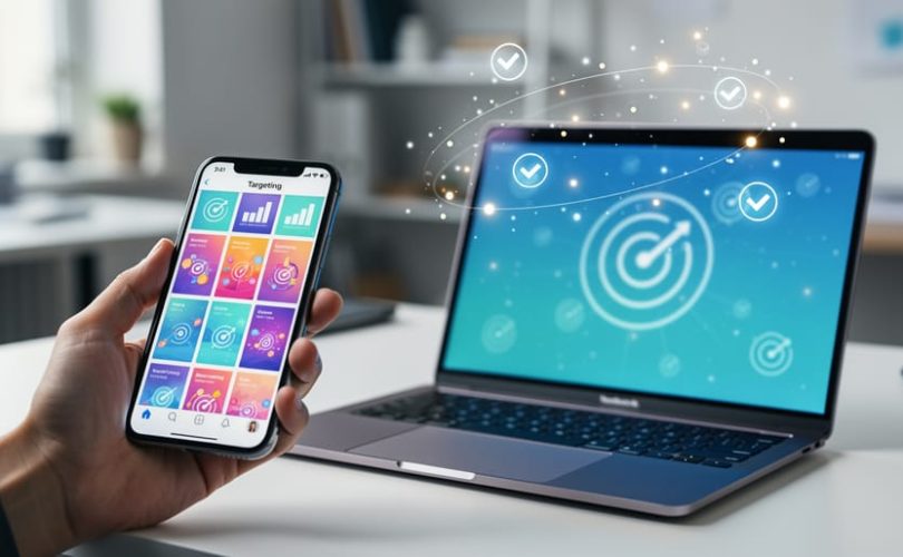 Smartphone and laptop in a modern workspace with colorful social ad tiles and subtle targeting light effects representing high-performing Facebook advertising.