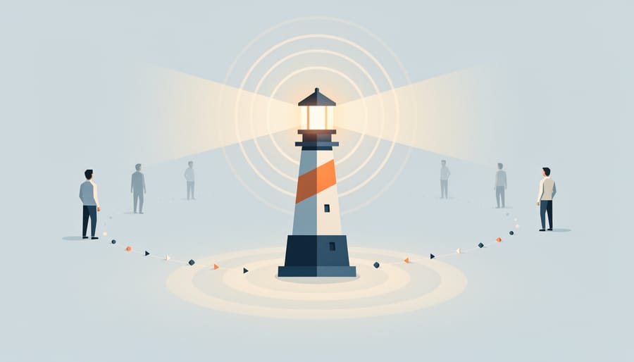 Hand placing a small glowing beacon light in a dark room representing retargeting signals.