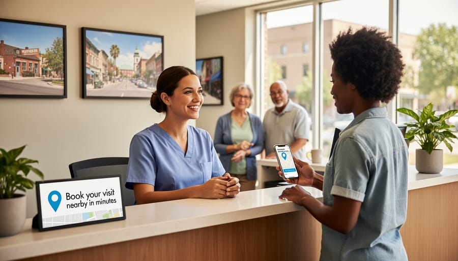 Healthcare professional speaking with a patient in a bright clinic waiting area.