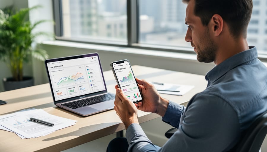 Business owner holding a smartphone while reviewing lead generation results in a modern office.