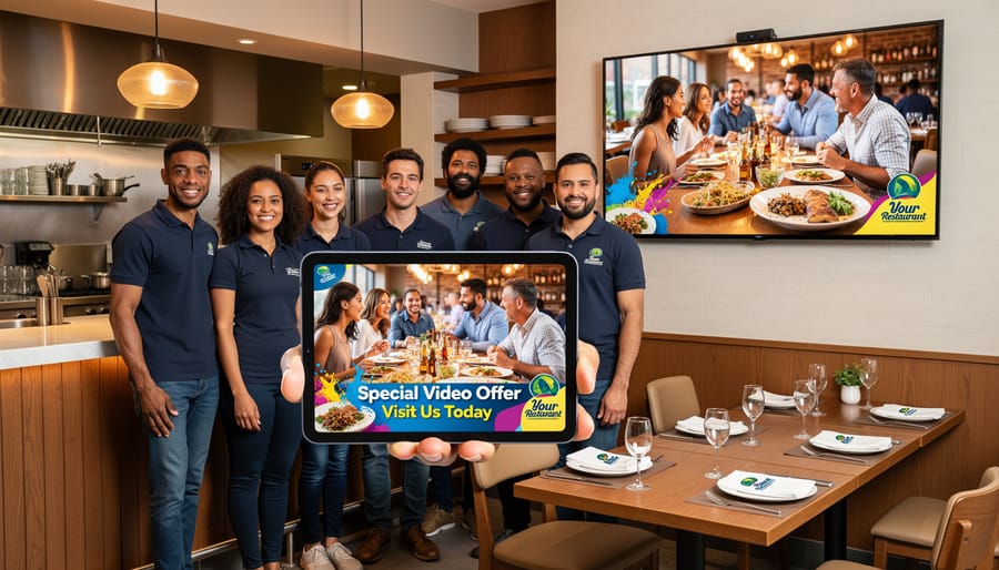 Restaurant franchise staff outside the entrance with a tablet showing a video thumbnail.