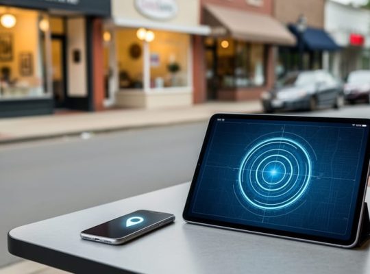 Local storefront with a tablet and smartphone in the foreground showing a glowing circular location targeting effect, suggesting radius-based Facebook advertising for nearby customers.
