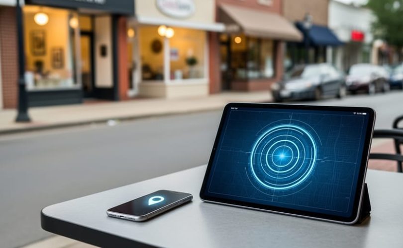 Local storefront with a tablet and smartphone in the foreground showing a glowing circular location targeting effect, suggesting radius-based Facebook advertising for nearby customers.