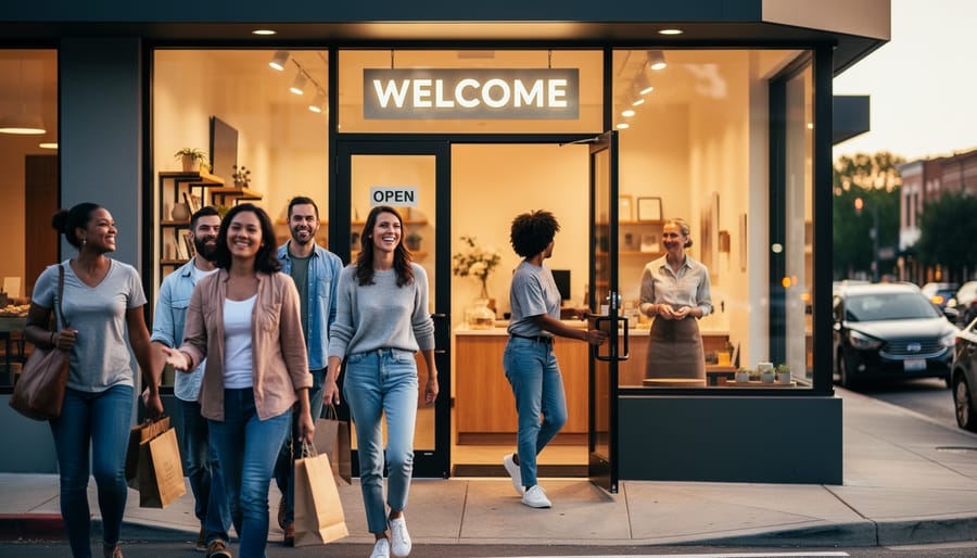 Business owner greeting a customer entering a storefront while the customer holds a phone.